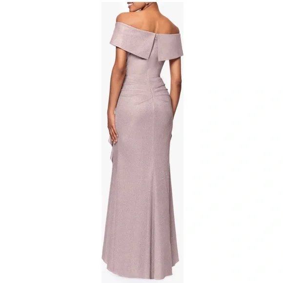 XSCAPE EVENINGS Blush / Silver Ruffle Off the Shoulder Foil Knit Trumpet Gown - Picture 2 of 11